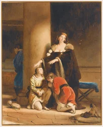 Elisabeth Woodville, koningin van Engeland, neemt afscheid van haar zonen, Edward V en Richard, hertog van York, met een treurende man achter een zuil