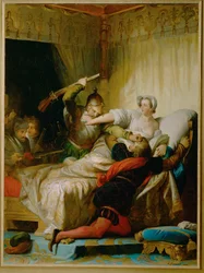 Scène van het bloedbad van de heilige Bartholomeus in de slaapkamer van de koningin van Navarra ...