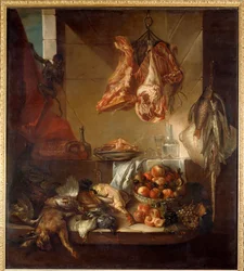 Een keukeninterieur stilleven van wild, fruit en vlees. Schilderij door François Desportes (1661-1743) 18e eeuw. Châlons-en-Champagne, Musée des Beaux-Arts