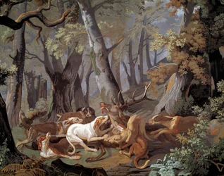 Hertenjacht Dussy behang naar een schilderij van Alexandre-François Desportes (1661-1743). 1851. Parijs, Decoratieve Kunsten