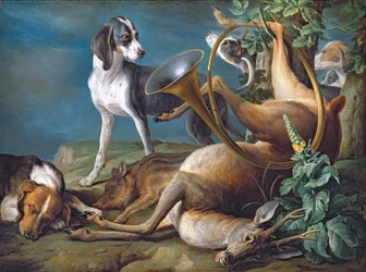 Stilleven met dood wild en jachthonden, 1730