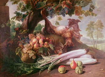 Stilleven van bloemen, wild en fruit