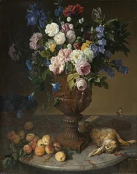 Bloemenurn met vruchten en haas, 1715