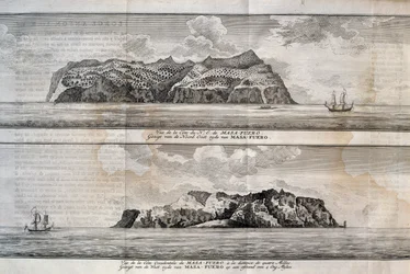 Uitzicht op Alejandro Selkirk Island of Mas Afuera Island, Juan Fernandez Archipel, Chili, gravure