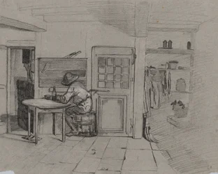 Een Boerderij Interieur met een Jongen aan een Tafel