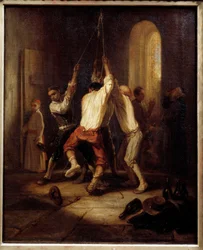 De klokkenluiders. Mannen trekken aan het touw om de klokken te luiden