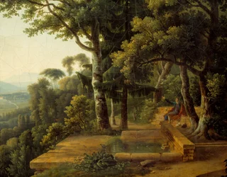 De filosoof Jean-Jacques Rousseau (1712-1778) mediterend in 1770 in het Parc de la Rochecordon bij Lyon. Detail. Schilderij van Alexandre Hyacinthe Dunouy (1757-1841)