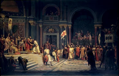 Eerste Kruistocht: Godfried van Bouillon (1061-1100), hertog van Neder-Lotharingen, zweert trouw aan de Byzantijnse keizer Alexios Komnenos in Constantinopel
