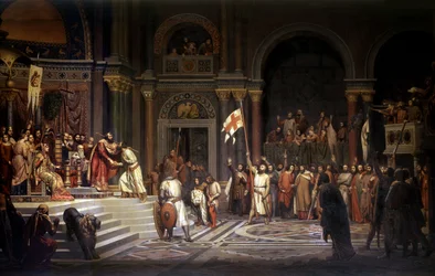 Godfried van Bouillon ontvangen door Alexios Komnenos, keizer van Constantinopel, in 1097, tijdens de verdediging van de stad tegen de Turken tijdens de Eerste Kruistocht van 1096-1099, 1842