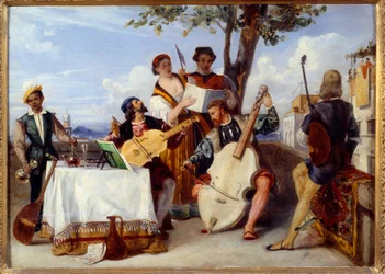 De Venetiaanse concertmusici (cello, luit, viool) en zangers op een terras worden bediend door een zwarte bediende. Schilderij van Alexandre Hesse (1806-1879), 19e eeuw, Nantes, Museum voor Schone Kunsten