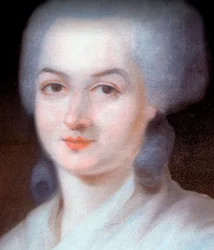 Detail van het portret van Olympe de Gouges (Marie Gouze, bekend als Olympe de Gouges), detail