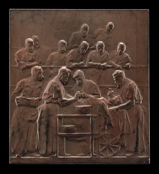 Monod demonstreert een procedure in de operatiekamer [achterzijde], ca. 1906
