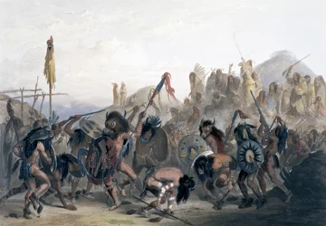 Bison-dans van de Mandan-indianen voor hun medicijnhut in de Mih-Tutta-Hankush