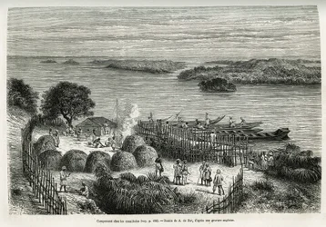 Kamp versterkt de expeditie om zichzelf te beschermen tegen de kannibalen Mouana Ntaba, nabij de rivier Leopold (Congo), tekening door A. De Bar, ter illustratie van het verhaal 