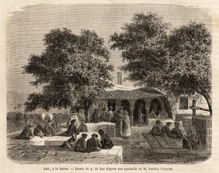 Uitzicht op een café in La Marsa (Tunis), tekening door A.de Bar, ter illustratie van een reis naar Tunis, in 1859, door Amable Crapelet. Gravure in “Le tour du monde”, bewerkt door Edouard Charton