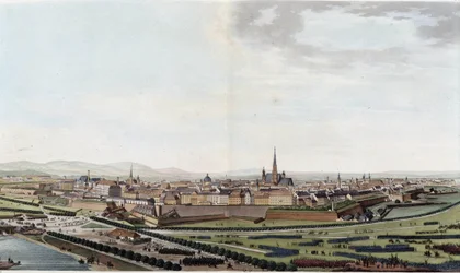 Algemeen uitzicht van Wenen vanaf de Sint-Karlskerk - in Voyage picturesque en Austria door graaf Alexandre de Laborde, Parijs, ed. Didot l