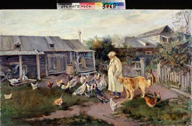 Ochtendgroet - De dieren van de boerderij omringen een boer - Schilderij van Alexei Stepanovich Stepanov (1858-1923), eind 1890, Russische kunst