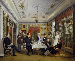 De familie Tarnovskj drinkt thee aan tafel