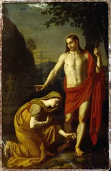 Noli Me Tangere. Woorden van Jezus bij zijn opstanding, gericht aan Maria Magdalena, op de achtergrond de kruisen op de berg Golgotha
