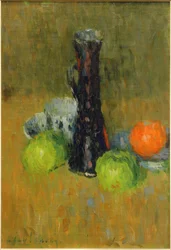 Blauwe kan met groene appels