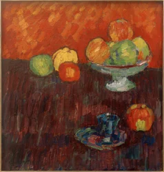 Stilleven met appels en blauwe kop