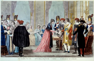 Een openbare hoorzitting van de Uitvoerende Raad (1795-1798) Het publiek komt hun verzoeken of klachten indienen bij de vertegenwoordiger van de Staat. Gravure door Alexis Chataignier (1772-1817) 1795. Parijs, B.N.