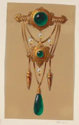 Ontwerp voor een gouden en cabochon edelsteen broche