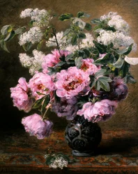Stilleven van zomerbloemen met pioenrozen en seringen. Schilderij van Alexis Kreyder (1839-1912) Privécollectie.