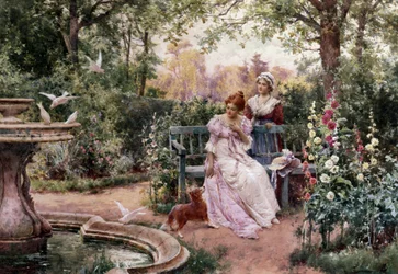 De huisdieren van Her Lady. Twee jonge meisjes in een bloementuin met een hond bij een fontein met duiven. Schilderij van Alfred Augustus I Glendening (ac.1861-d.1903 Brits). Prerafaëlisme (prerafaëlitische kunst). Privécollectie