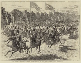 De Review in Windsor Park voor Hare Majesteit en de Shah, de artillerie passeert in galop (gravure)