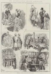 De Internationale Gezondheids Tentoonstelling, schetsen van antieke kostuums en van oud Londen