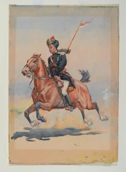 Een Jat Sowar van de 6e Cavalerie gemonteerd, galopperend, met geslingerde lans