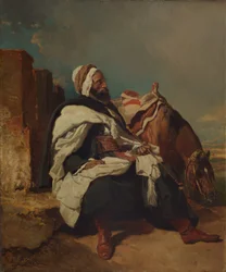 Zittende Arabische Man met Paard