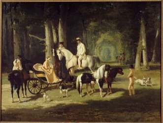 De heer en mevrouw A. Mosselman en hun twee dochters te paard door het bos (1848)