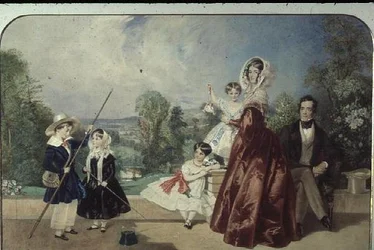 De Heer en Mevrouw George Knott, met vier kinderen, op het Terras van Bohun Lodge, New Barnet