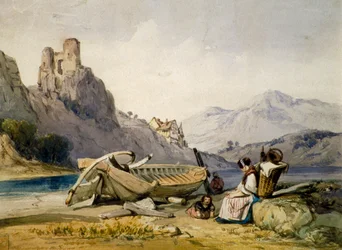 Figuren en een boot aan de oever van een meer, een huis en een vervallen kasteel op de achtergrond, ca. 1830s
