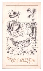 Victoriaanse nieuwjaarskaart van een estheet die een vaas met pauwenveren bewondert, ca. 1881