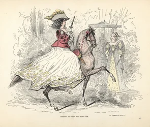 Jachtkostuum voor een vrouw, tijdperk van koning Lodewijk XIII van Frankrijk