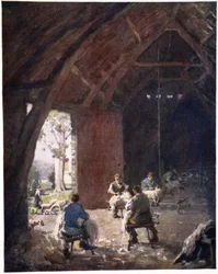 Schapenscheren, Esthwaite Hall Farm, uit een portfolio van prenten van de originele aquarellen, c.1920