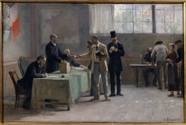 Algemeen kiesrecht: Een stembureau in 1889. schets door Alfred Bramtot (1852-1894) 1889