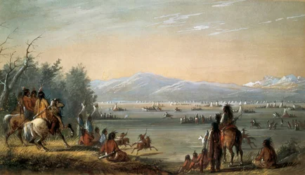 Een Indiaans dorp. Werk van Alfred Jacob Miller (1810-1874)