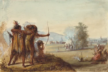 Indianen die hun bogen testen, ca. 1858