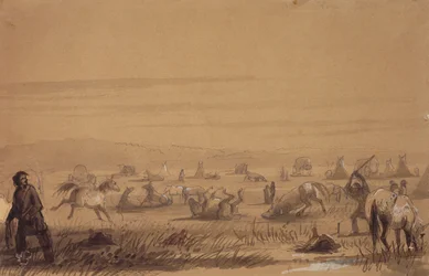 Het kamp bereiken, zadels verwijderen, ca. 1837