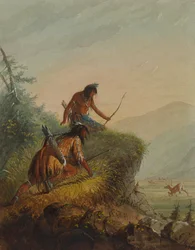 Snake-indianen die op elanden jagen