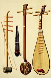 Een huqin met strijkstok, een sheng, een sanxian en een pipa, Chinese instrumenten uit „Muziekinstrumenten”