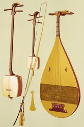 Een shamisen, een kokyū en een biwa, Japans, uit "Muziekinstrumenten"