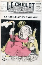 Engelse beschaving: Victoria, een fles gin in de hand, zittend op Egypte, Ierland, India, Afrika en China - door Alfred Le Petitty, in 