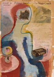 Vrouw aan tafel (aquarel op krant  collage)