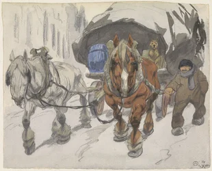 Boerenwagen met twee paarden ervoor