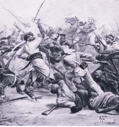 Nicholsons nederlaag van de rebellen bij Najafgarh, 2 augustus 1857, illustratie uit British Battles on Land and Sea, 1915